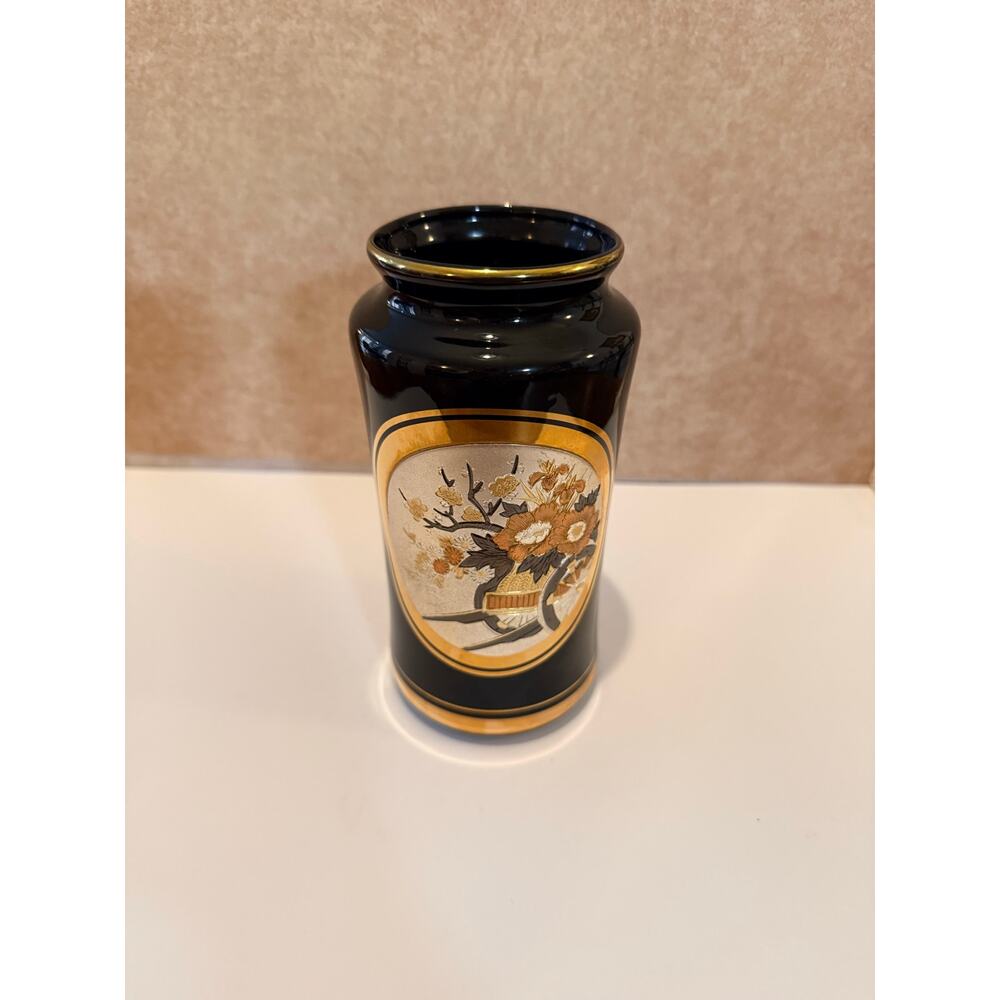 Vintage 11" Art Chokin Japanese Vase 24K Gold Gilded Imperial Flower Cart Black - Picture 5 of 12